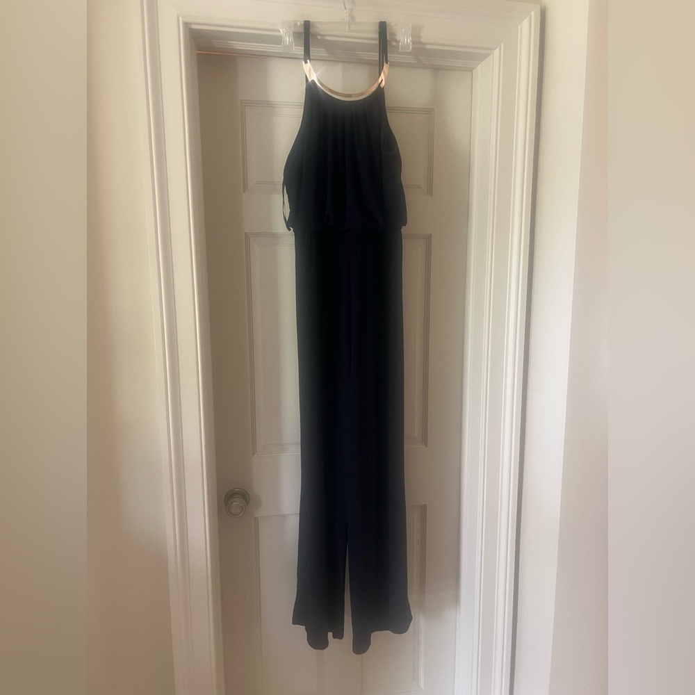 Emma and Michelle, navy sleeveless jumpsuit elastic waste, gold necklace, large - Picture 3 of 12